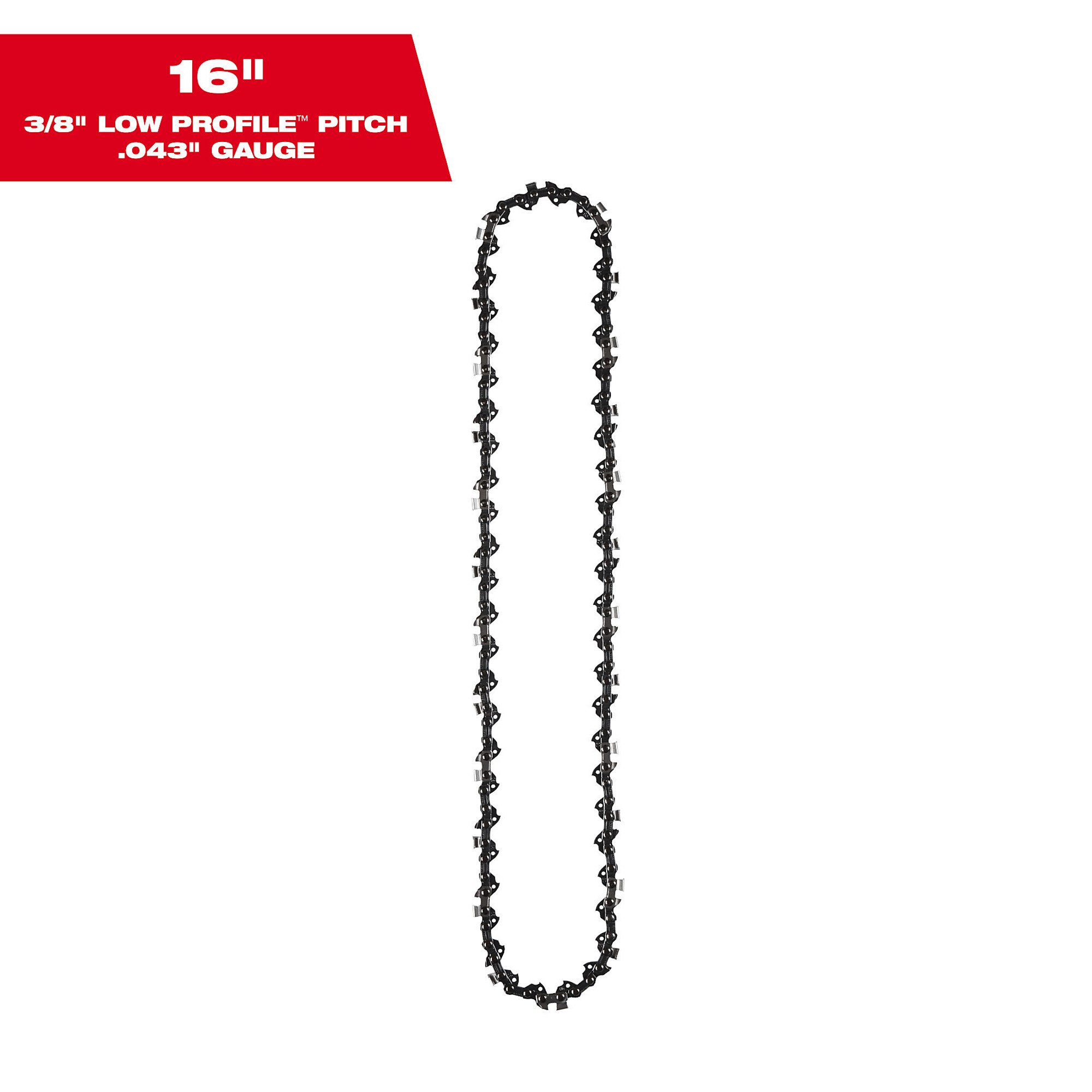 Milwaukee Chainsaw Replacement Chain, Fits 16in. Bar, 3/8in. Chain Pitch, 0.043in. Chain Gauge, 56 Drive Links, Model# 49-16-2715